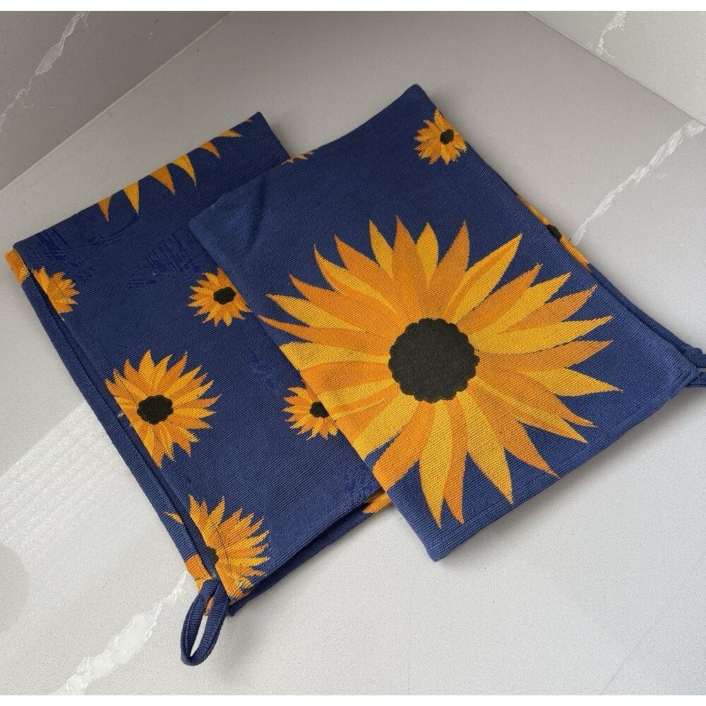 Mamma Ro Set of 2 Oversized Tea Kitchen Towels Lucca Cotton Sunflowers 27x19"